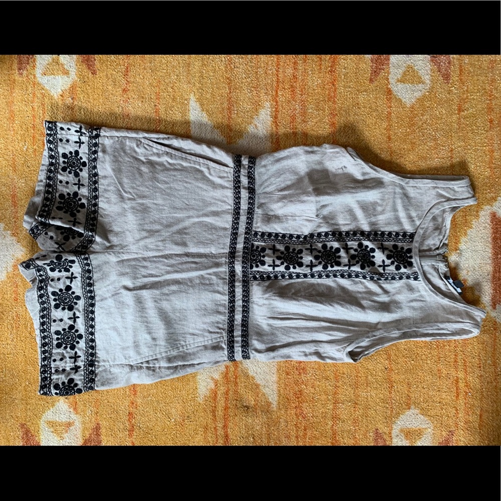 Loft tan linen romper with black embroidery